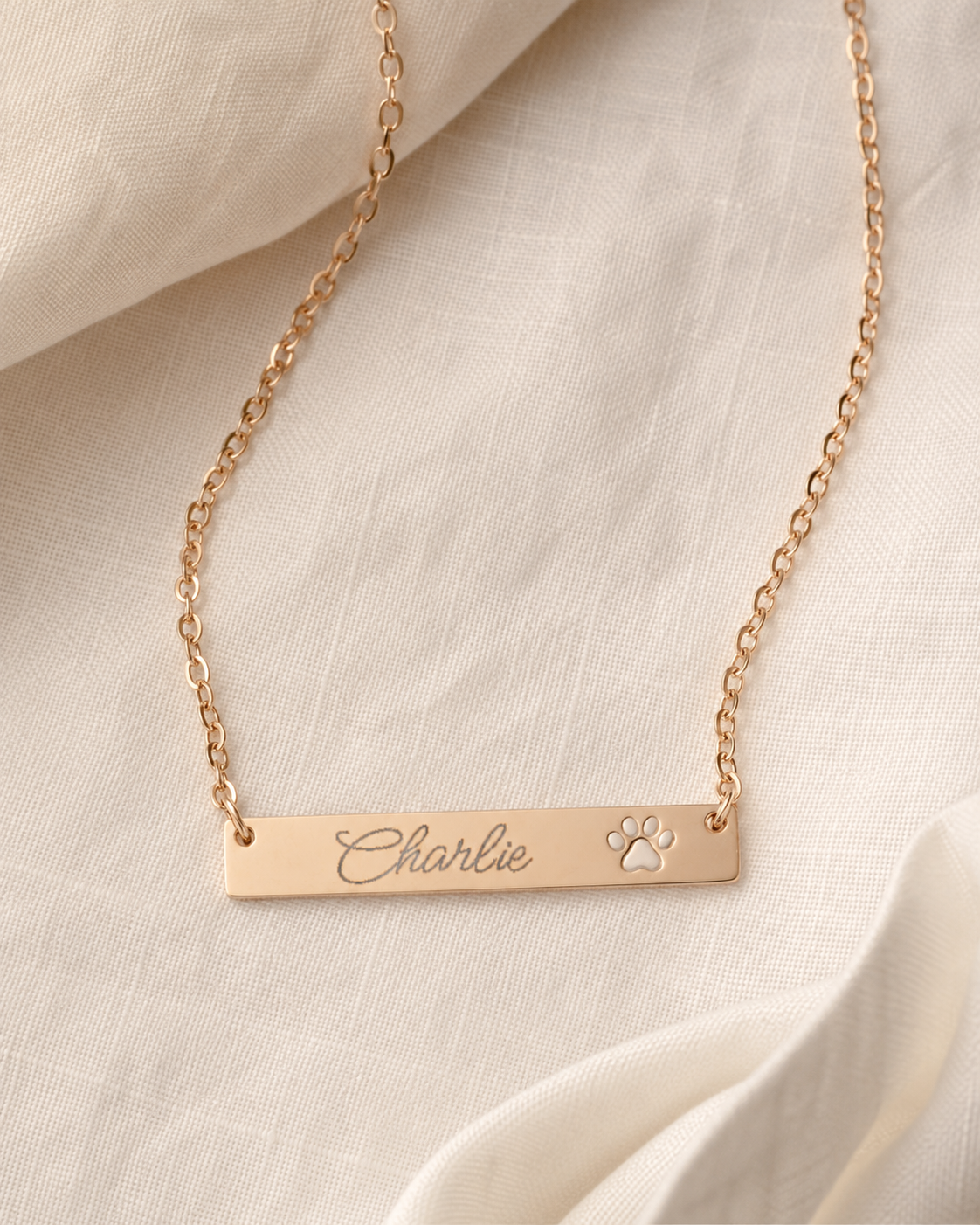 Personalized Paw Cutout Bar Necklace — Engraved Pet Name Jewelry