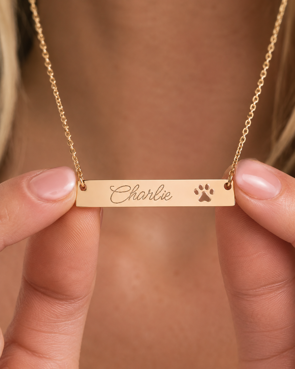 Personalized Paw Cutout Bar Necklace — Engraved Pet Name Jewelry