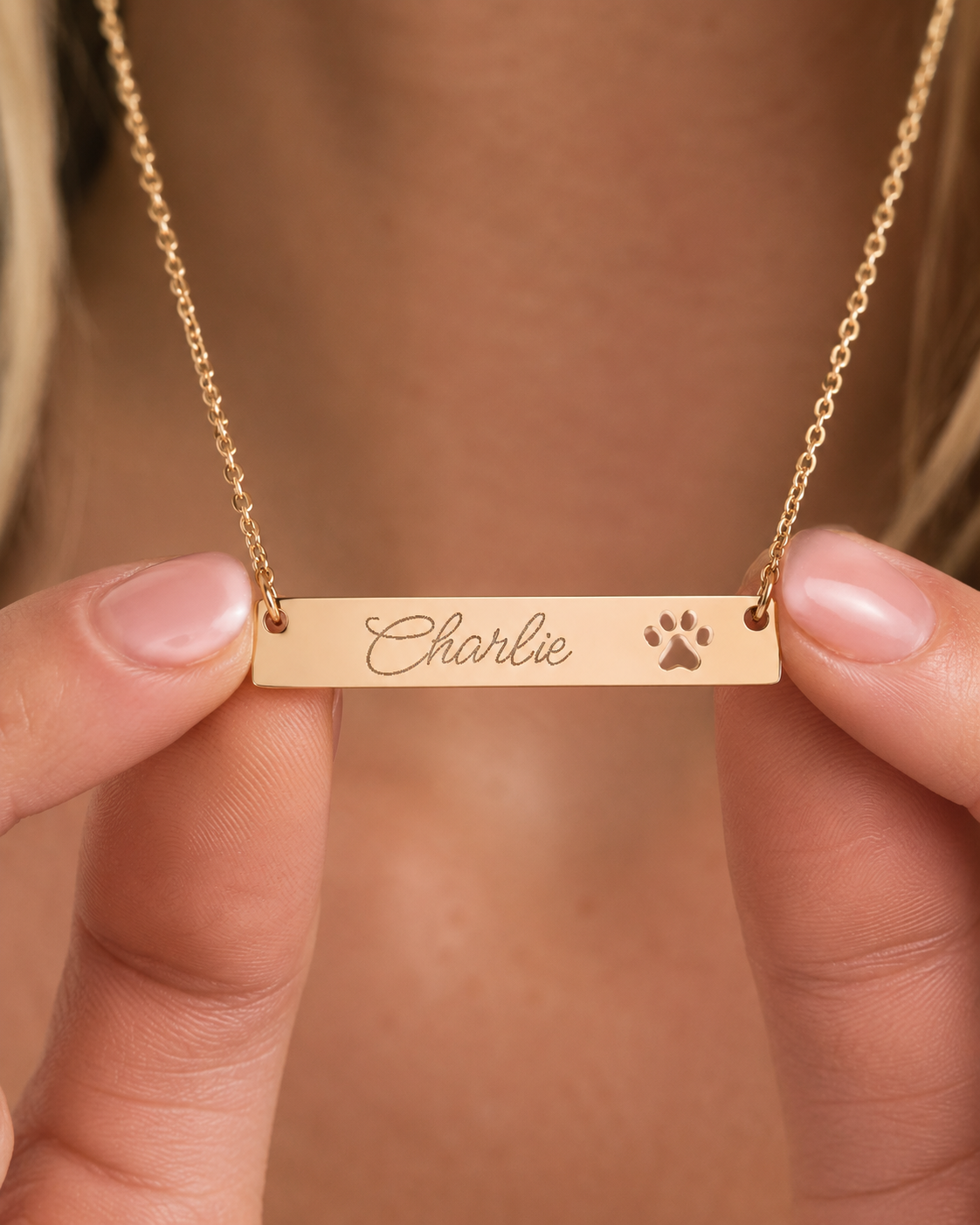 Personalized Paw Cutout Bar Necklace — Engraved Pet Name Jewelry