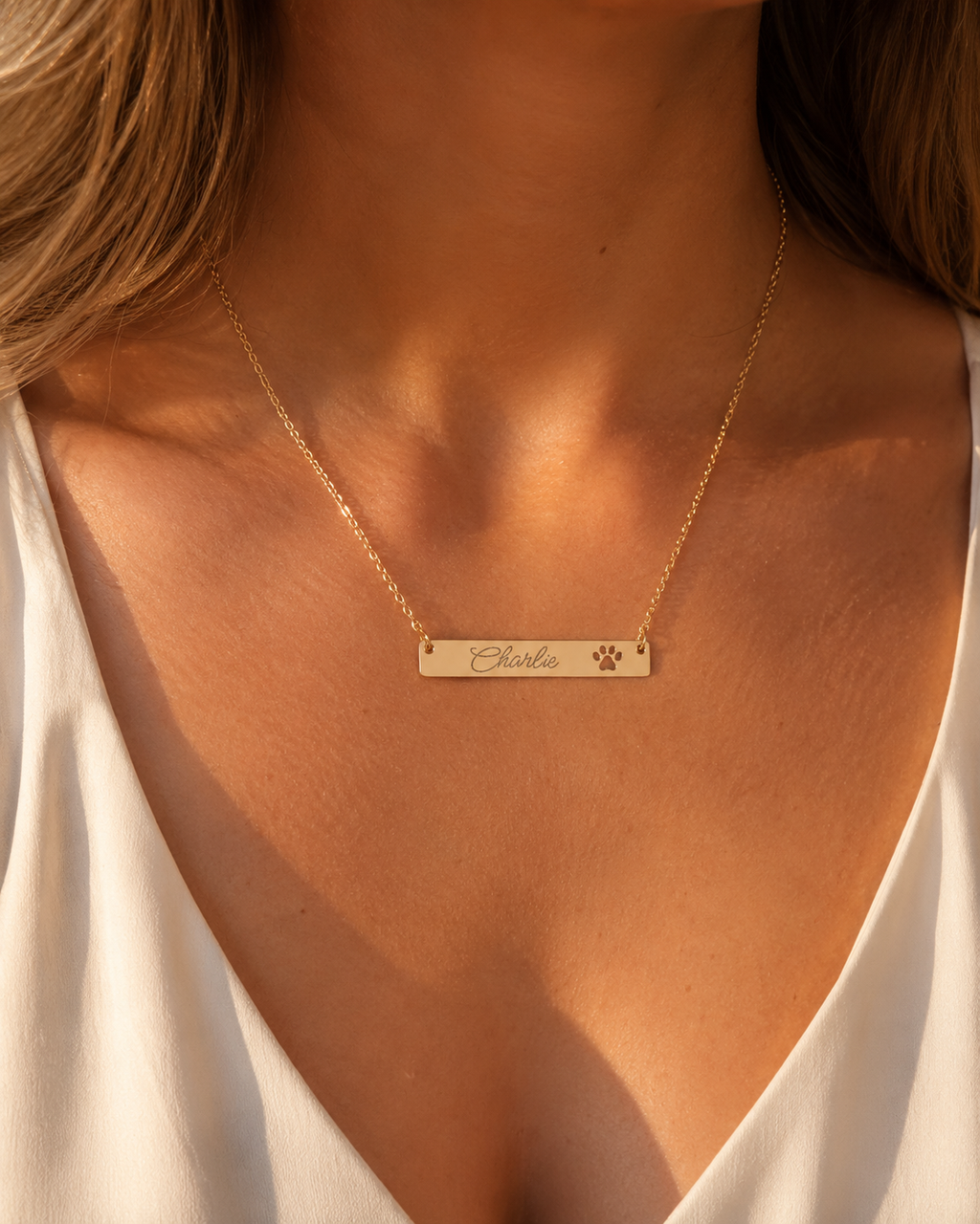 Personalized Paw Cutout Bar Necklace — Engraved Pet Name Jewelry