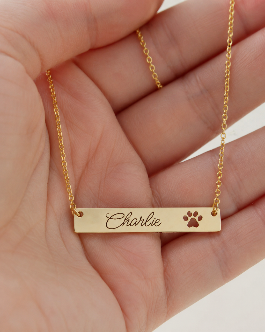 Personalized Paw Cutout Bar Necklace — Engraved Pet Name Jewelry