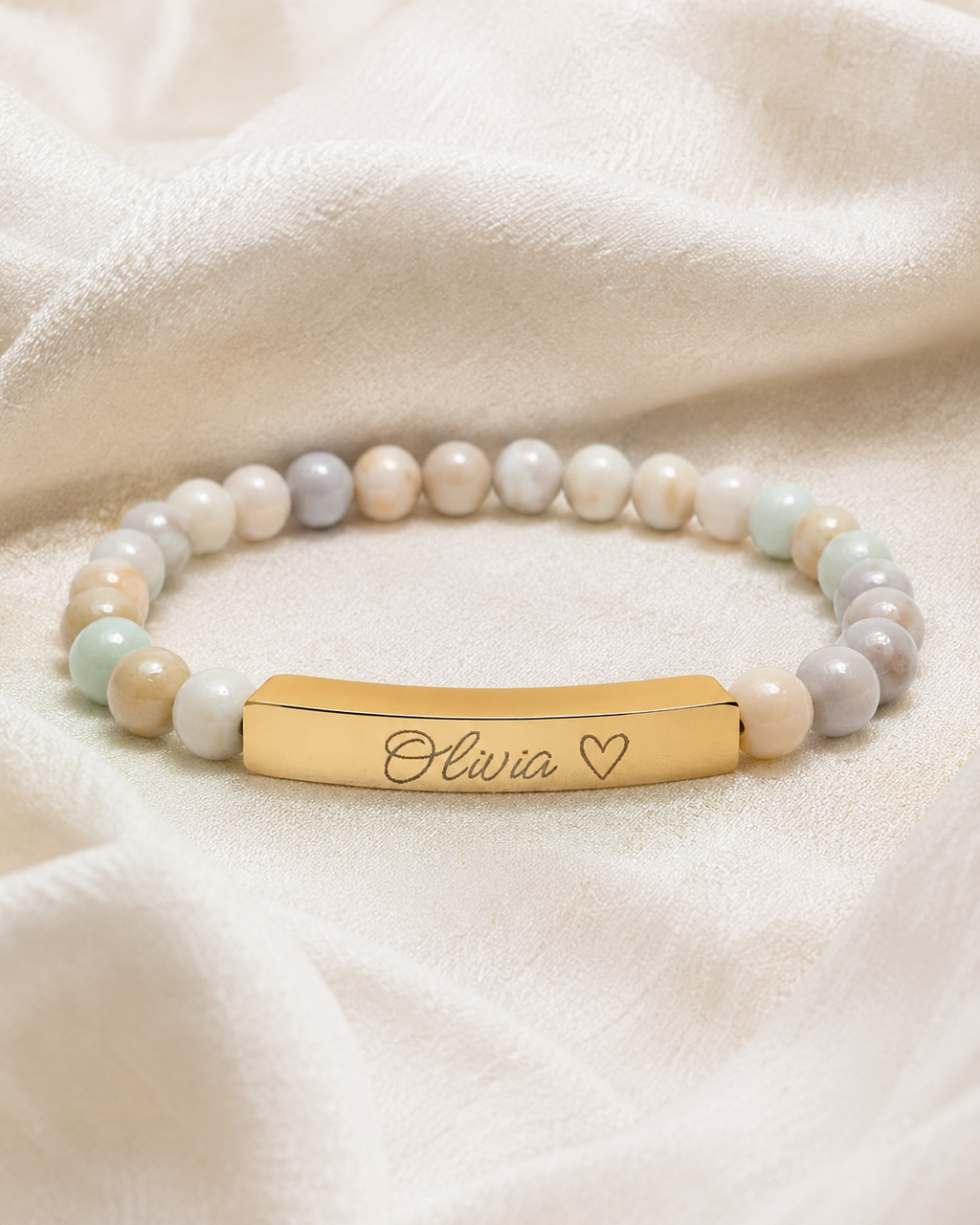 Engravable Natural Stone Stretch Bar Bracelet – Personalized Name & Heart Accent