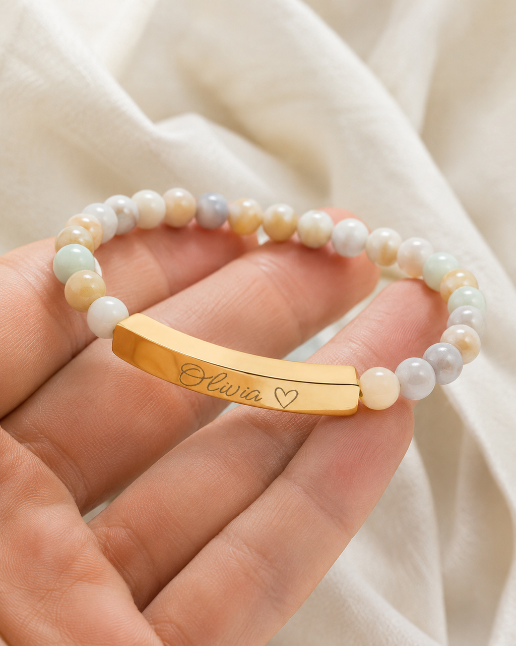 Engravable Natural Stone Stretch Bar Bracelet – Personalized Name & Heart Accent