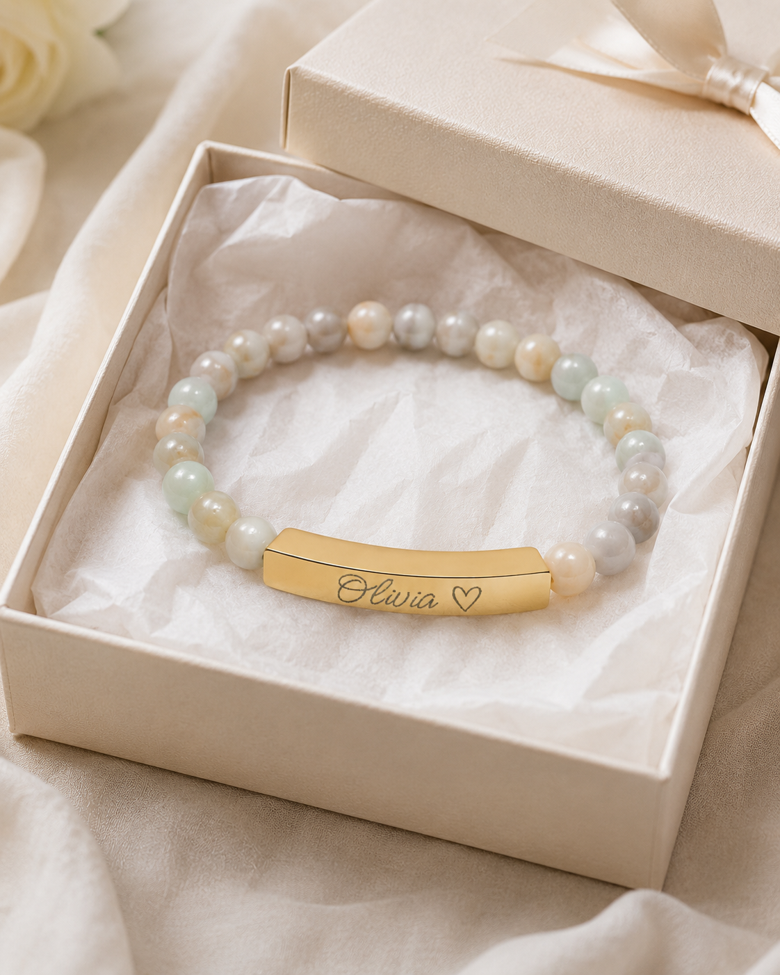 Engravable Natural Stone Stretch Bar Bracelet – Personalized Name & Heart Accent