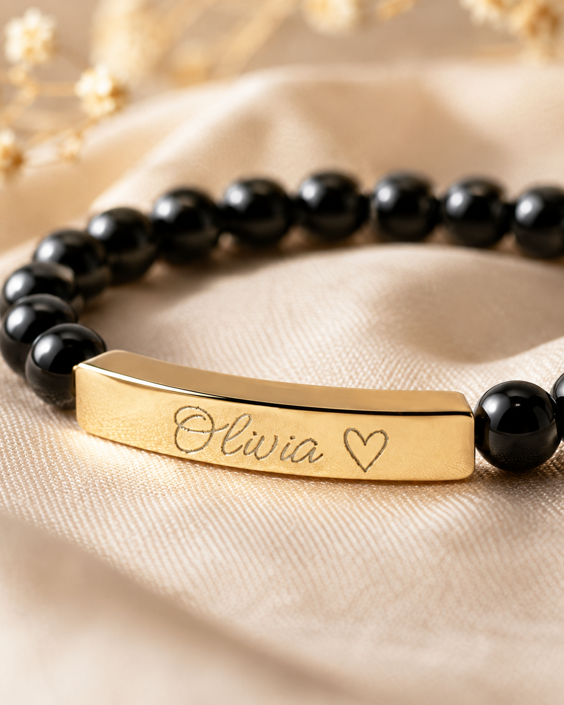 Engravable Natural Stone Stretch Bar Bracelet – Personalized Name & Heart Accent