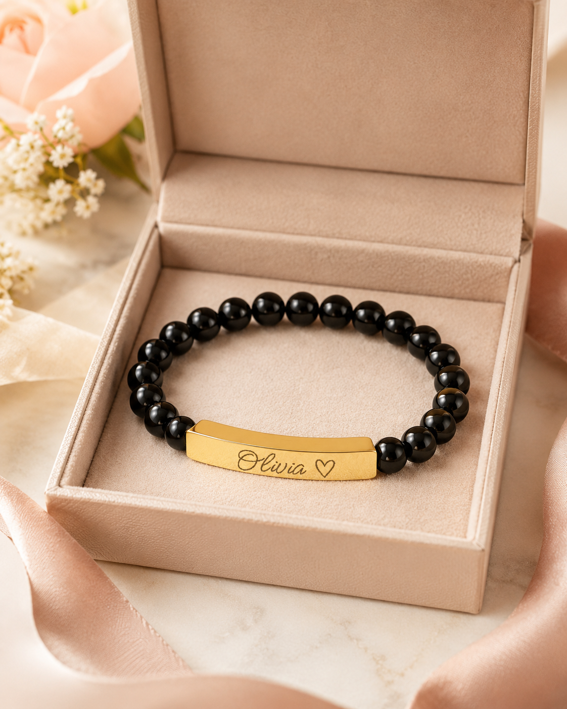 Engravable Natural Stone Stretch Bar Bracelet – Personalized Name & Heart Accent