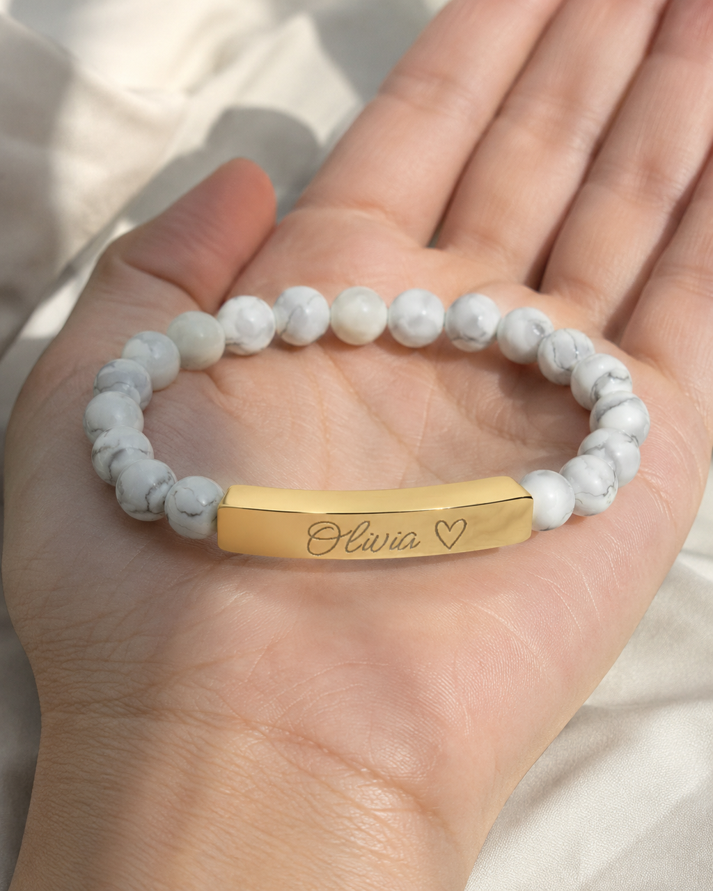 Engravable Natural Stone Stretch Bar Bracelet – Personalized Name & Heart Accent