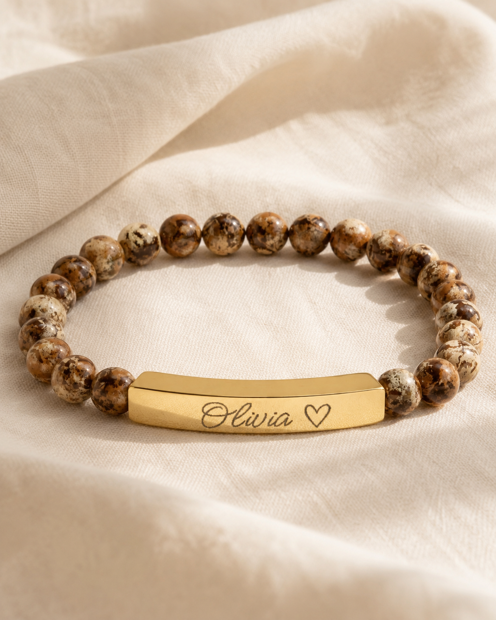 Engravable Natural Stone Stretch Bar Bracelet – Personalized Name & Heart Accent