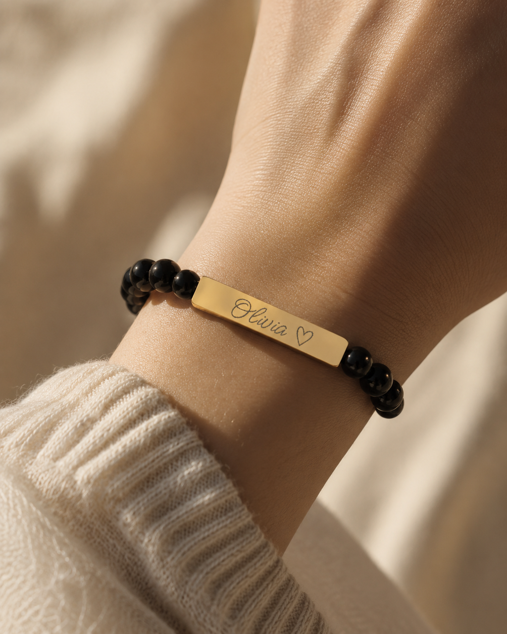 Engravable Natural Stone Stretch Bar Bracelet – Personalized Name & Heart Accent