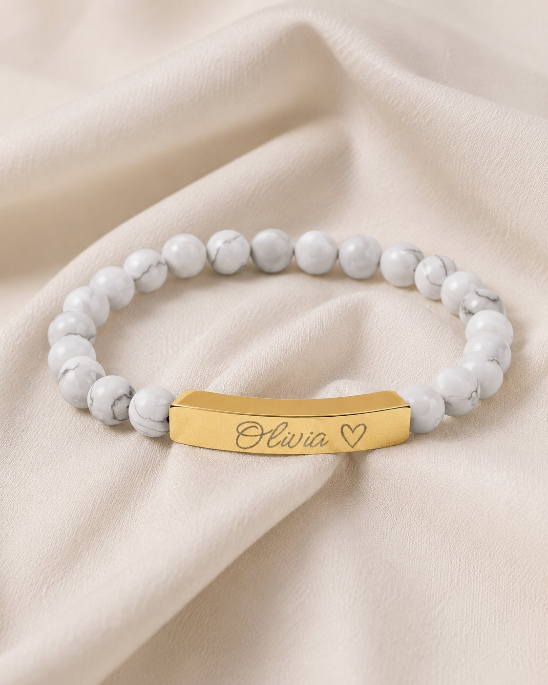 Engravable Natural Stone Stretch Bar Bracelet – Personalized Name & Heart Accent