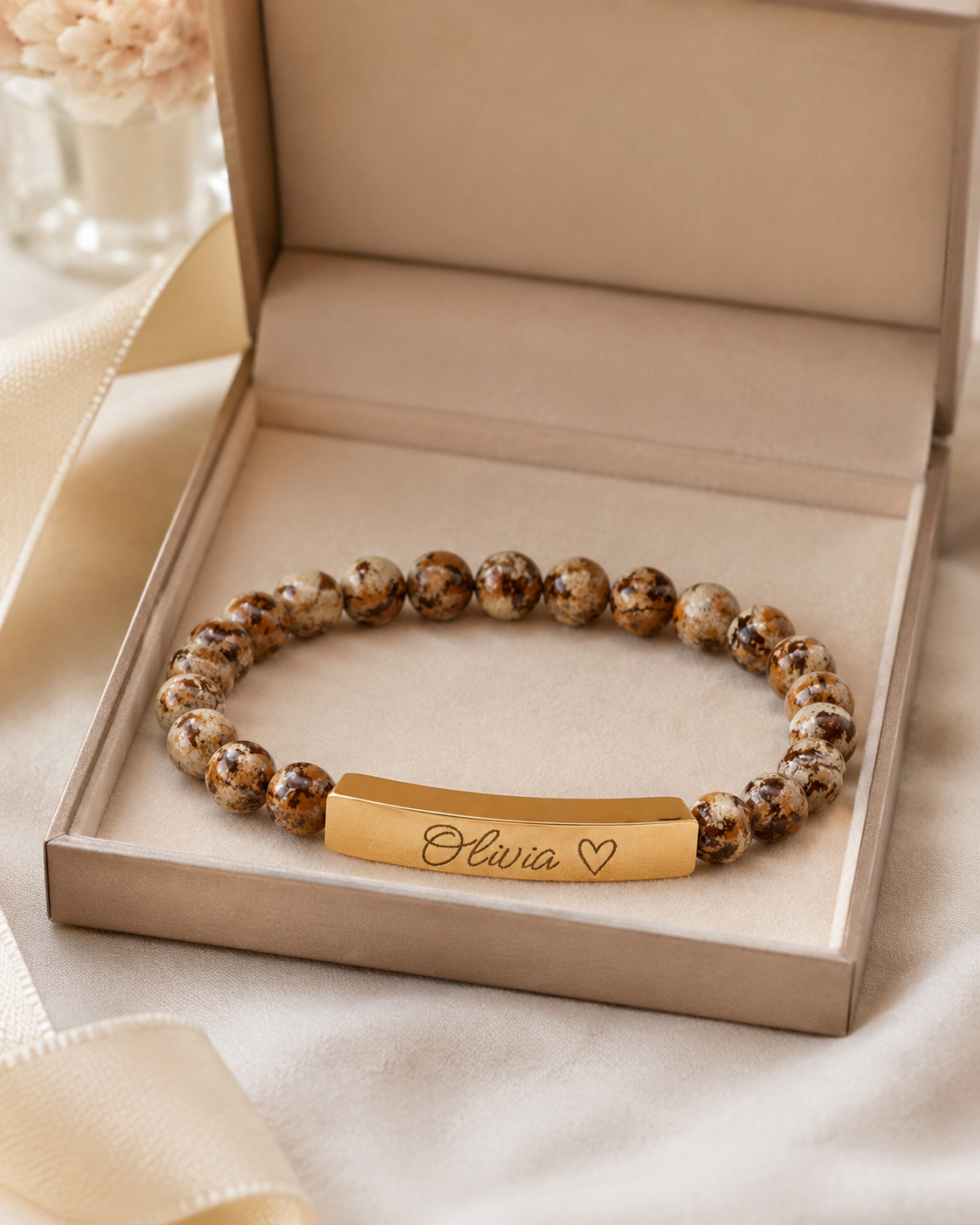 Engravable Natural Stone Stretch Bar Bracelet – Personalized Name & Heart Accent