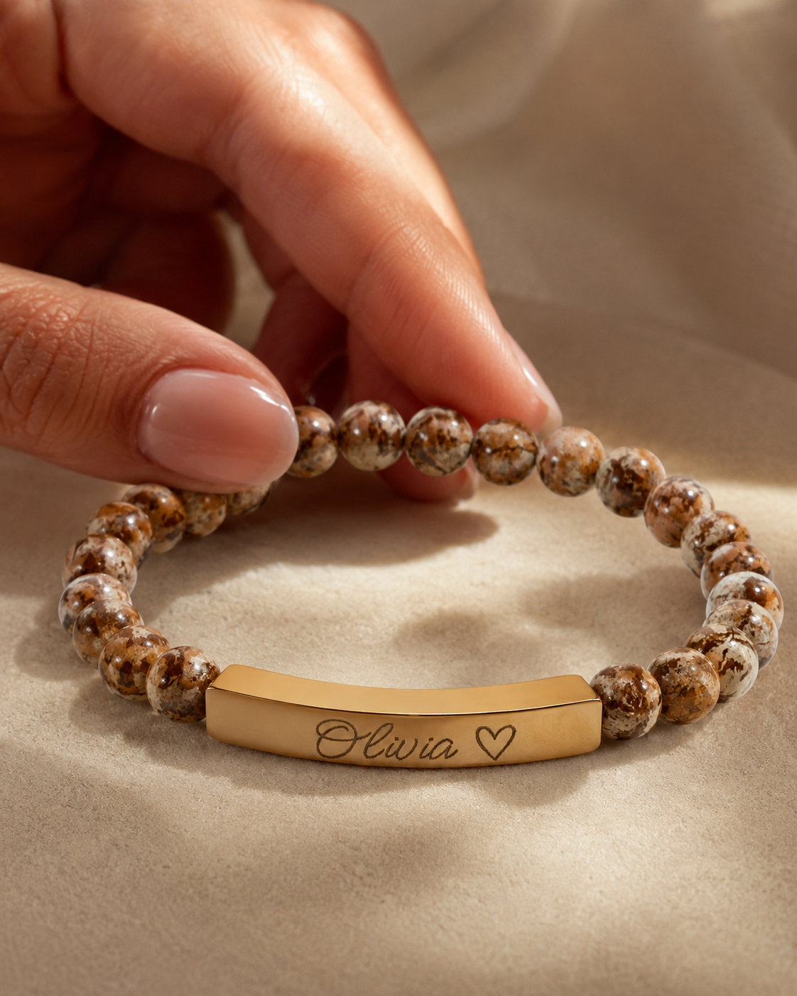 Engravable Natural Stone Stretch Bar Bracelet – Personalized Name & Heart Accent