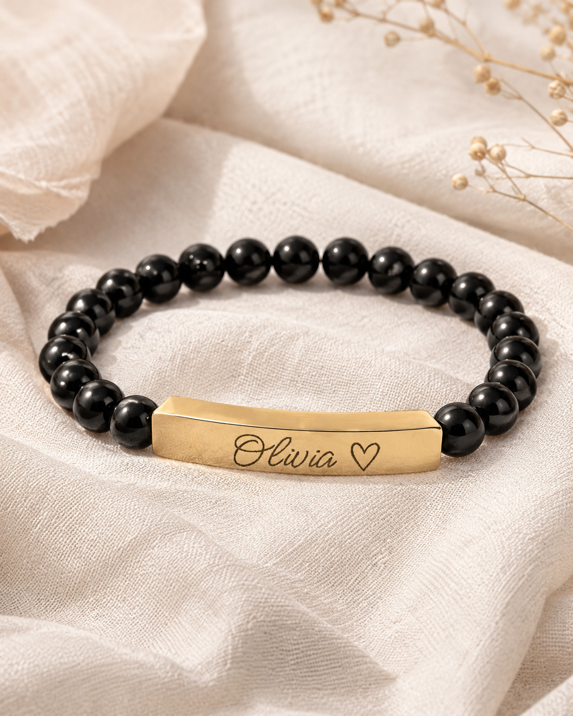 Engravable Natural Stone Stretch Bar Bracelet – Personalized Name & Heart Accent
