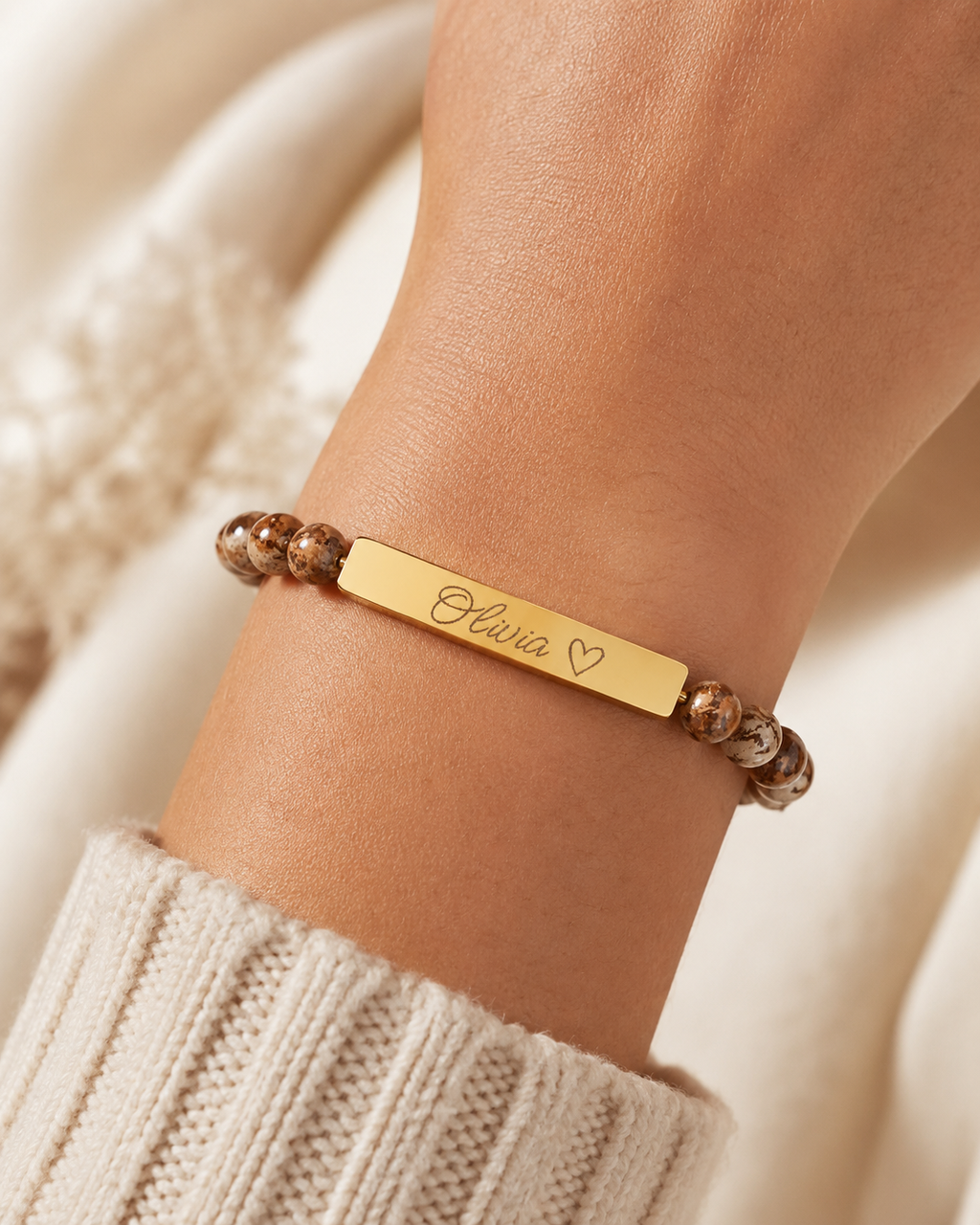 Engravable Natural Stone Stretch Bar Bracelet – Personalized Name & Heart Accent