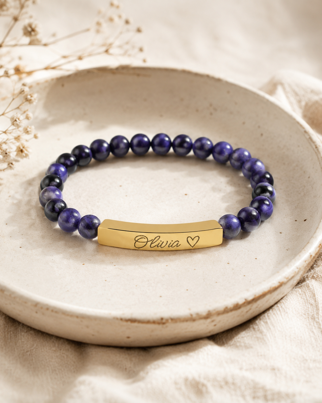 Engravable Natural Stone Stretch Bar Bracelet – Personalized Name & Heart Accent