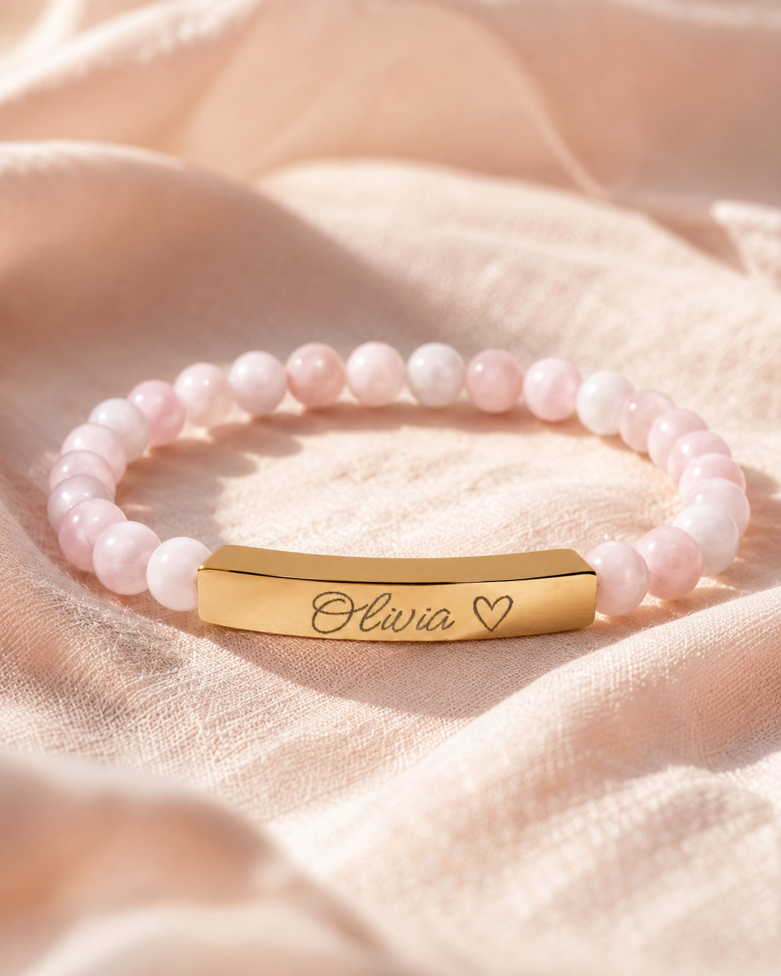 Engravable Natural Stone Stretch Bar Bracelet – Personalized Name & Heart Accent