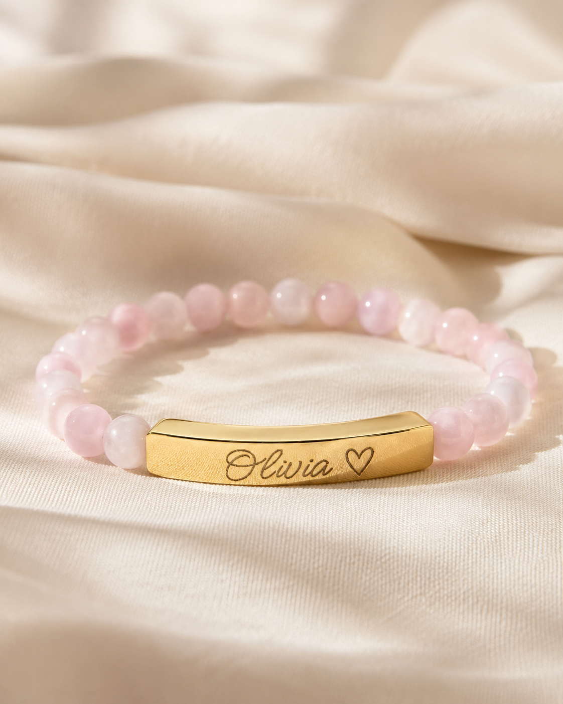 Engravable Natural Stone Stretch Bar Bracelet – Personalized Name & Heart Accent