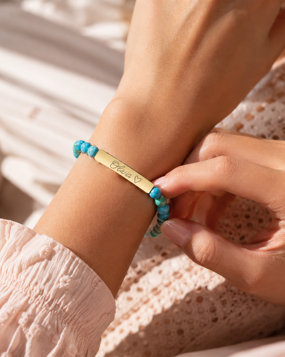 Engravable Natural Stone Stretch Bar Bracelet – Personalized Name & Heart Accent