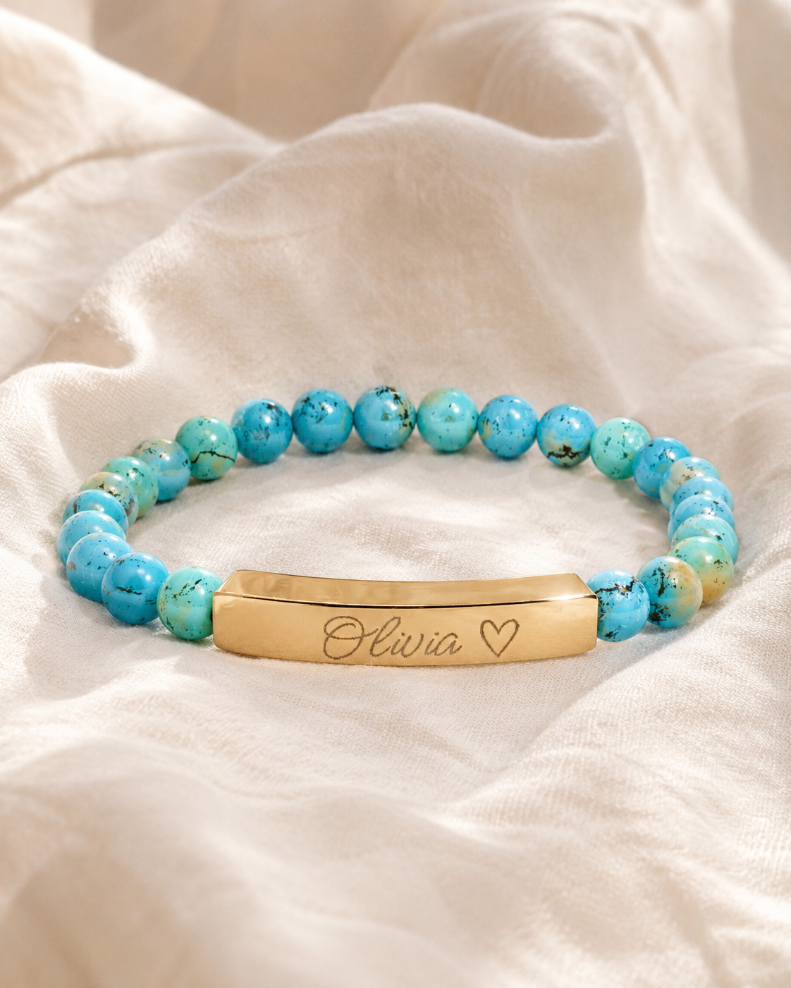 Engravable Natural Stone Stretch Bar Bracelet – Personalized Name & Heart Accent