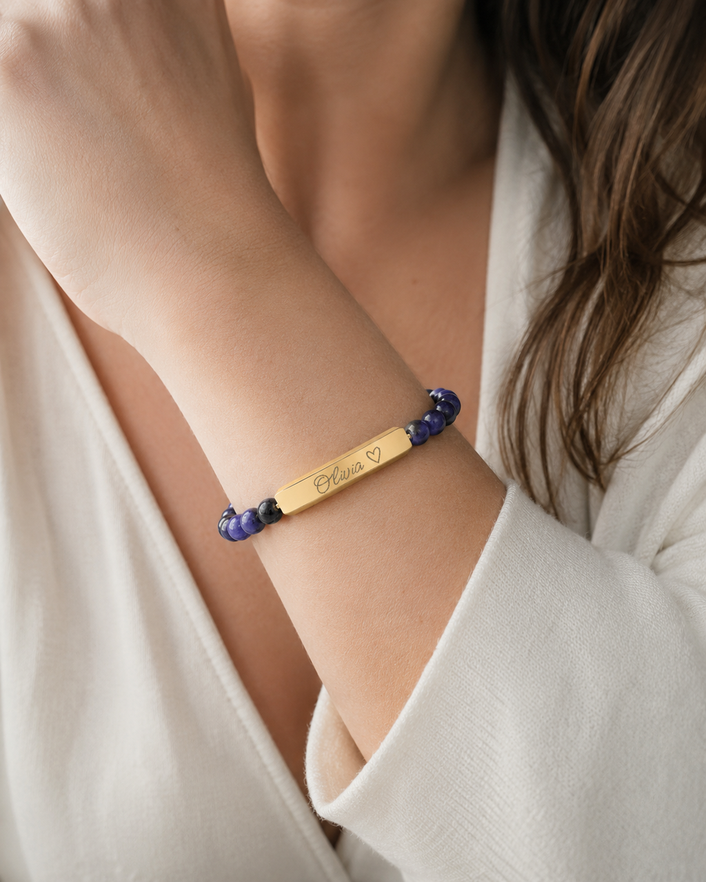Engravable Natural Stone Stretch Bar Bracelet – Personalized Name & Heart Accent