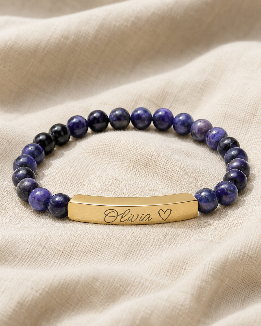 Engravable Natural Stone Stretch Bar Bracelet – Personalized Name & Heart Accent