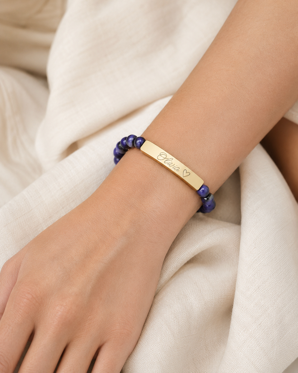 Engravable Natural Stone Stretch Bar Bracelet – Personalized Name & Heart Accent