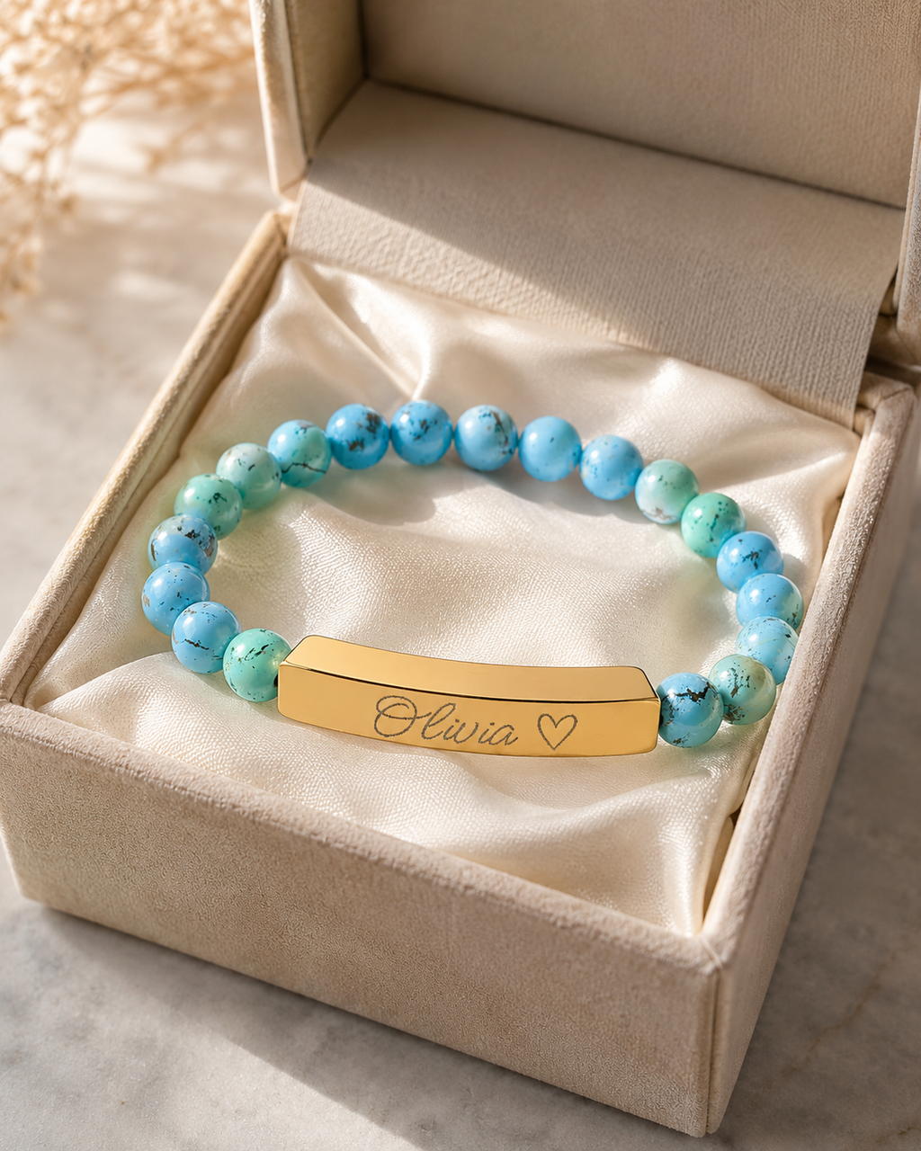 Engravable Natural Stone Stretch Bar Bracelet – Personalized Name & Heart Accent