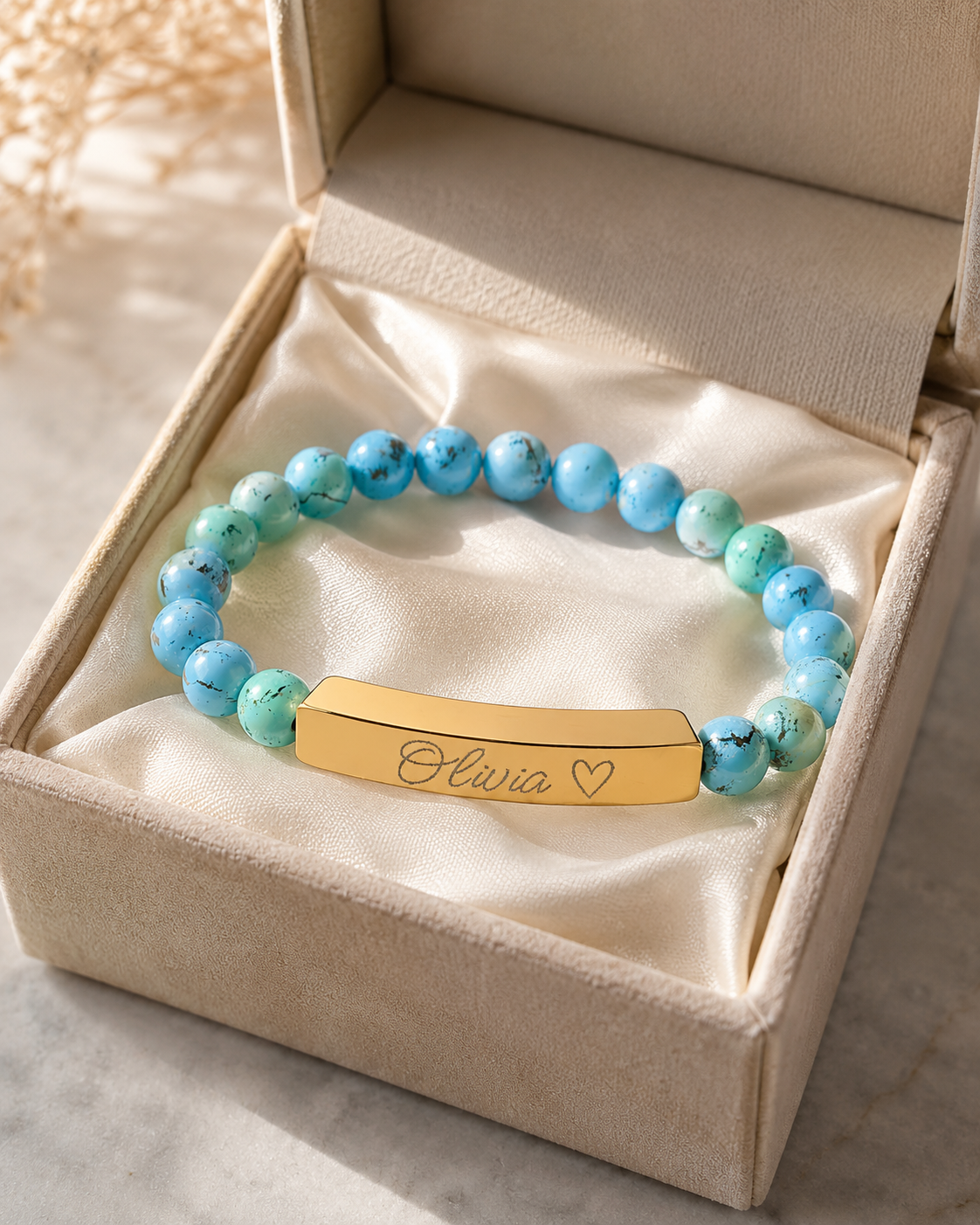 Engravable Natural Stone Stretch Bar Bracelet – Personalized Name & Heart Accent