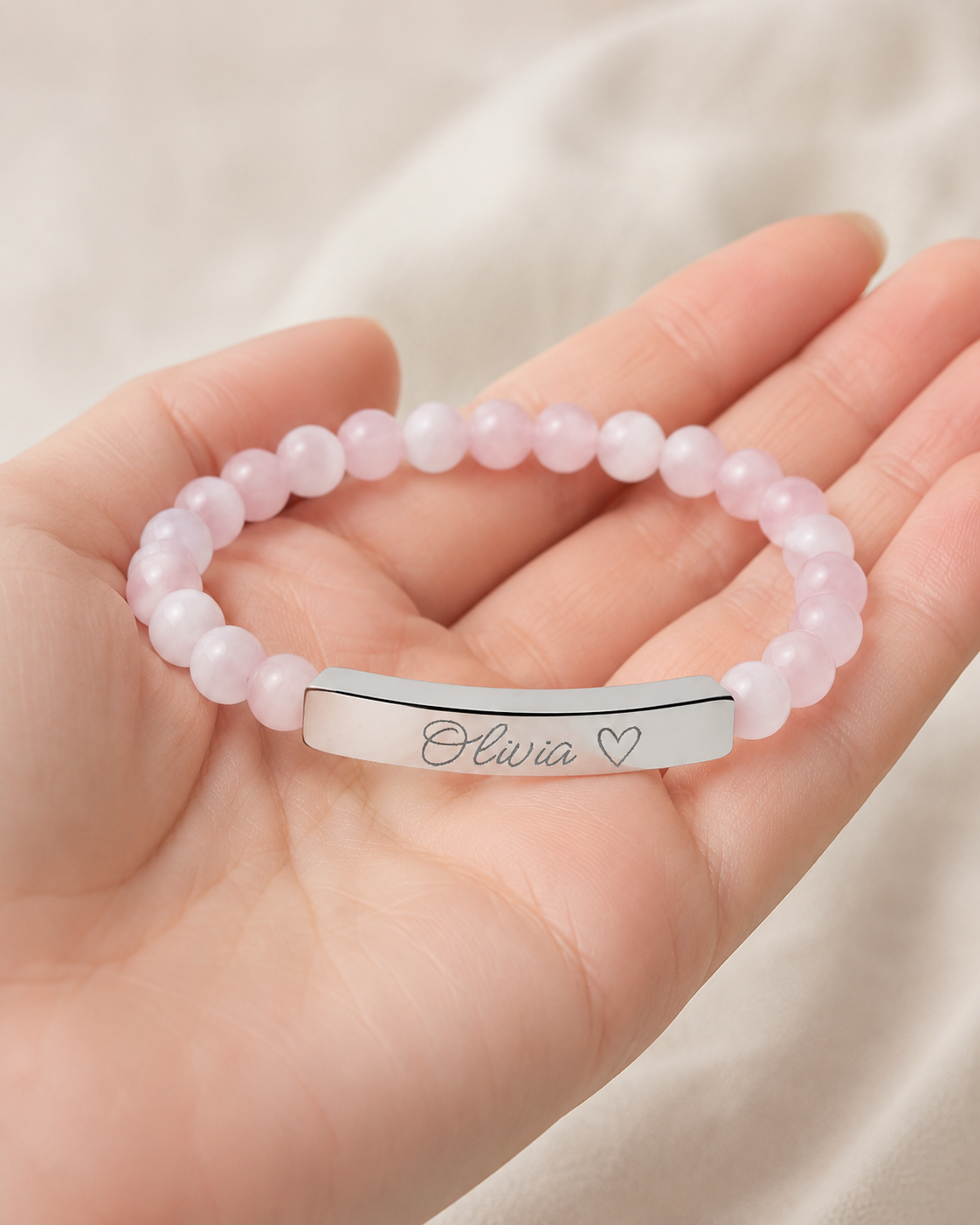 Engravable Natural Stone Stretch Bar Bracelet – Personalized Name & Heart Accent