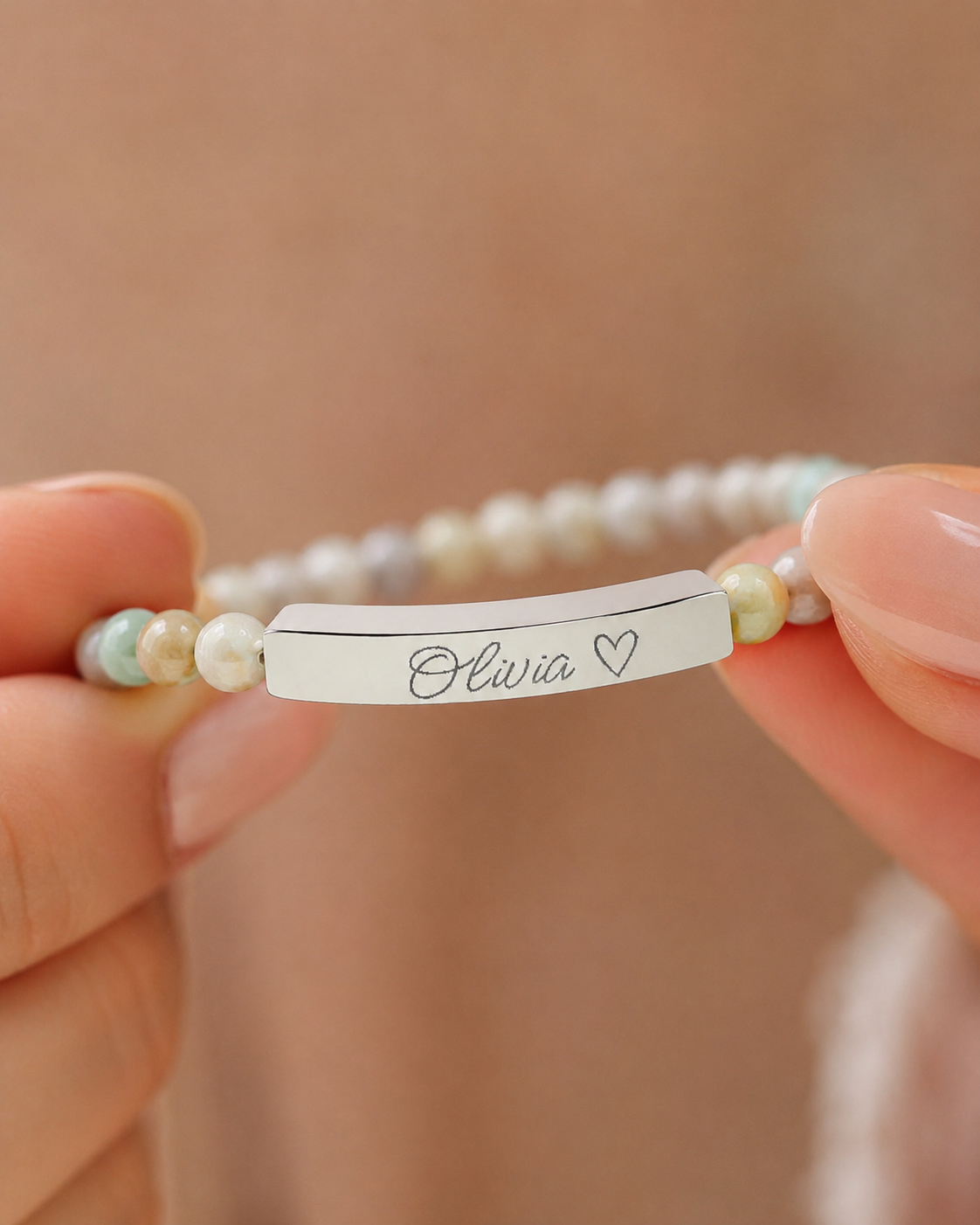 Engravable Natural Stone Stretch Bar Bracelet – Personalized Name & Heart Accent