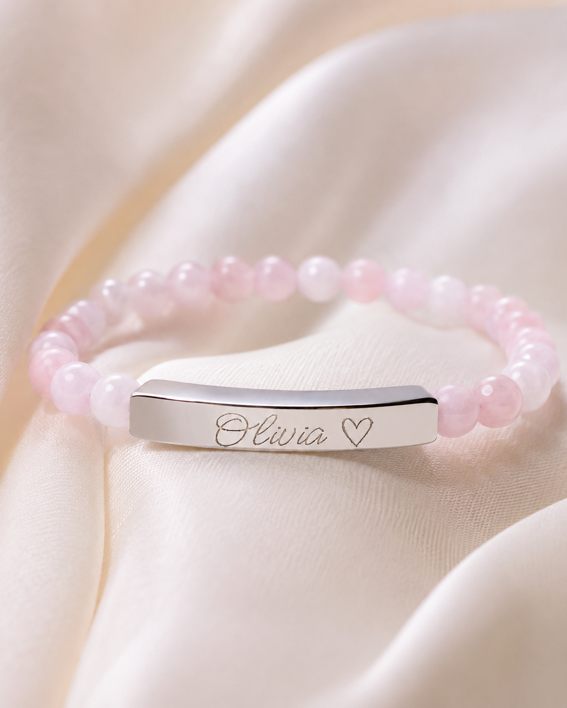 Engravable Natural Stone Stretch Bar Bracelet – Personalized Name & Heart Accent