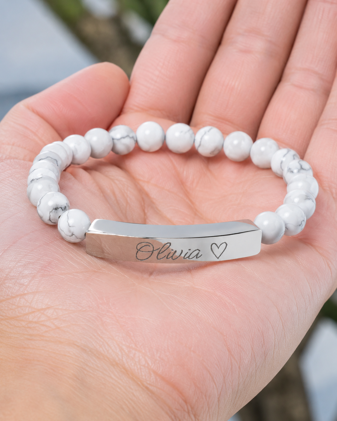 Engravable Natural Stone Stretch Bar Bracelet – Personalized Name & Heart Accent