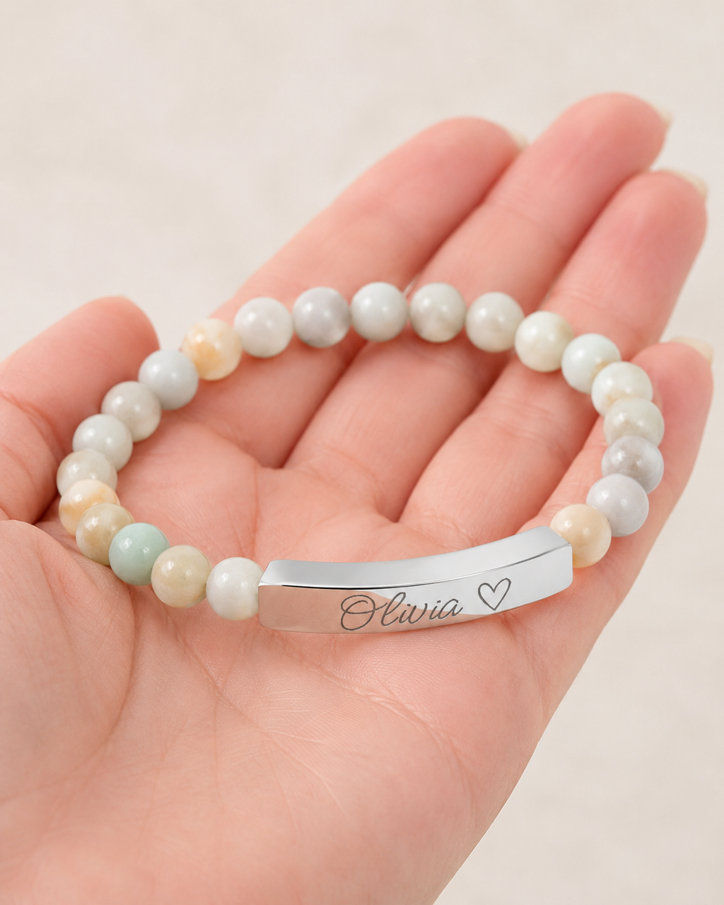 Engravable Natural Stone Stretch Bar Bracelet – Personalized Name & Heart Accent