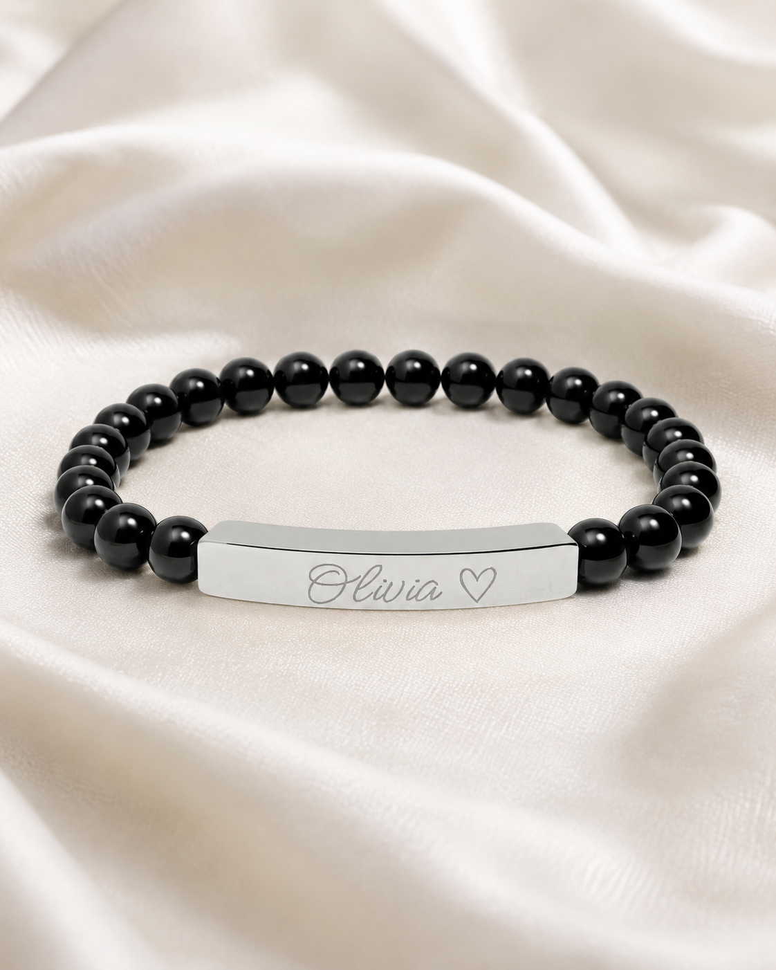 Engravable Natural Stone Stretch Bar Bracelet – Personalized Name & Heart Accent