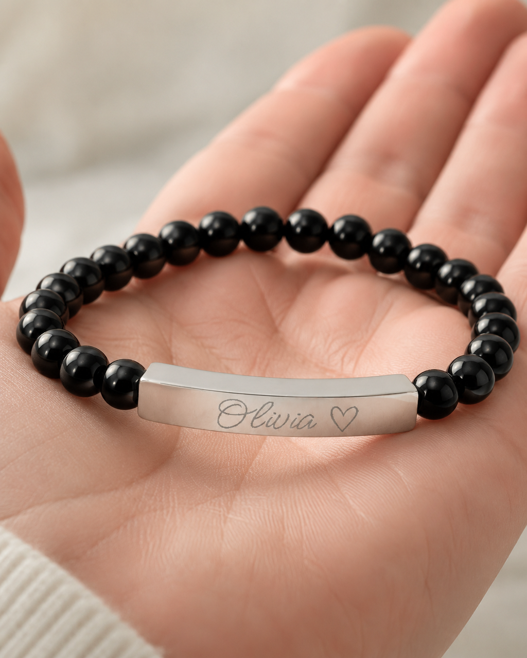 Engravable Natural Stone Stretch Bar Bracelet – Personalized Name & Heart Accent