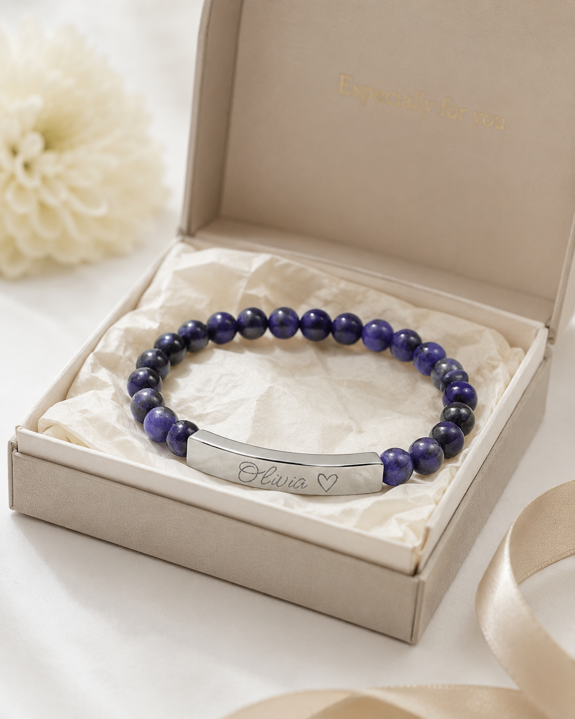 Engravable Natural Stone Stretch Bar Bracelet – Personalized Name & Heart Accent