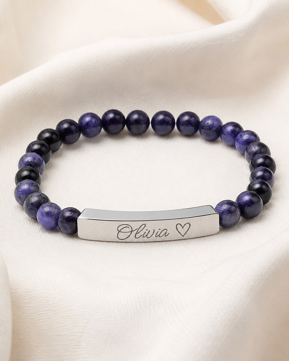 Engravable Natural Stone Stretch Bar Bracelet – Personalized Name & Heart Accent