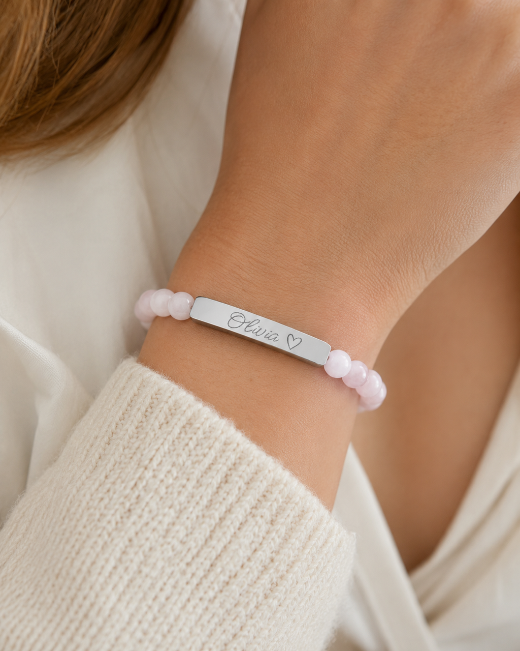 Engravable Natural Stone Stretch Bar Bracelet – Personalized Name & Heart Accent