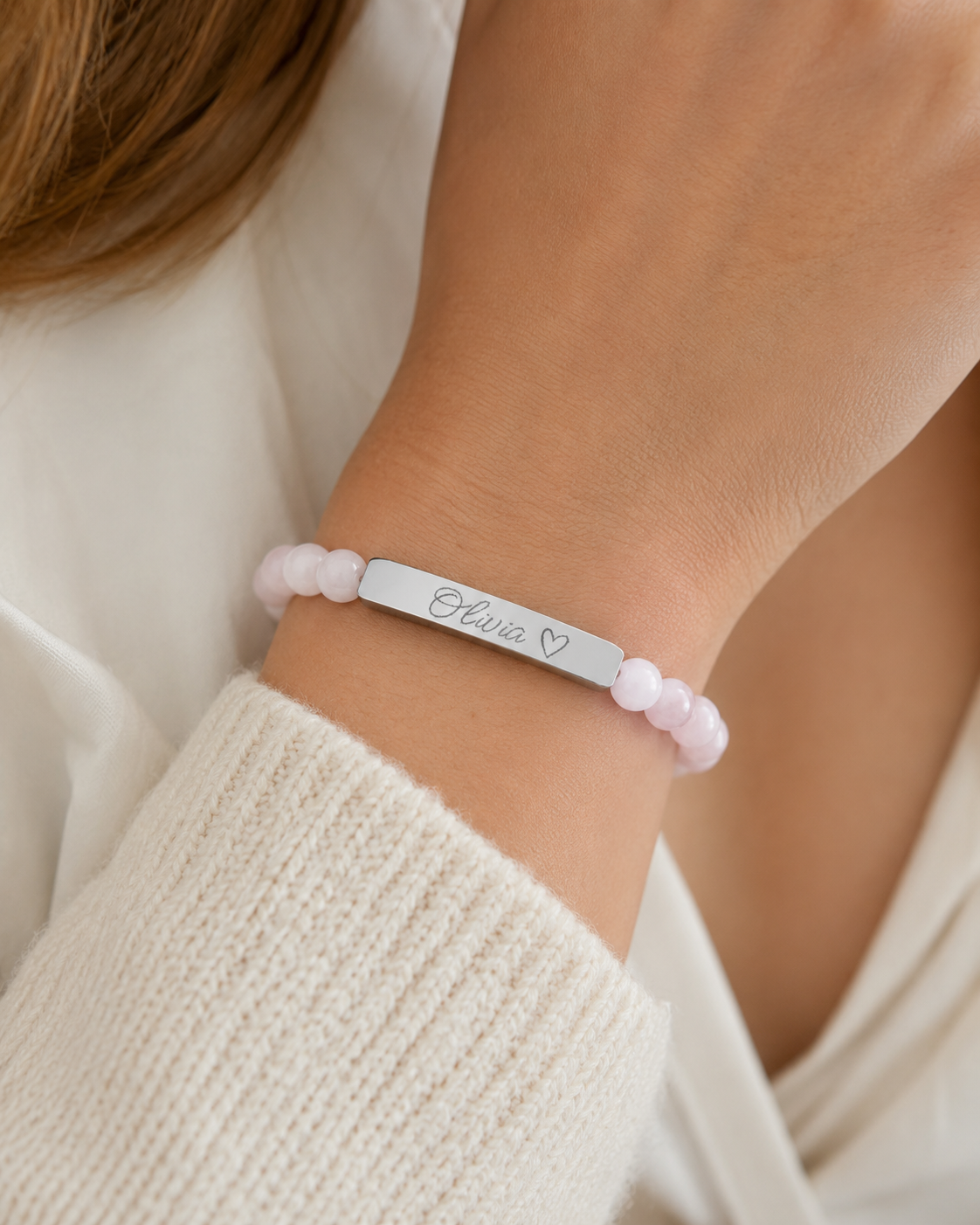 Engravable Natural Stone Stretch Bar Bracelet – Personalized Name & Heart Accent