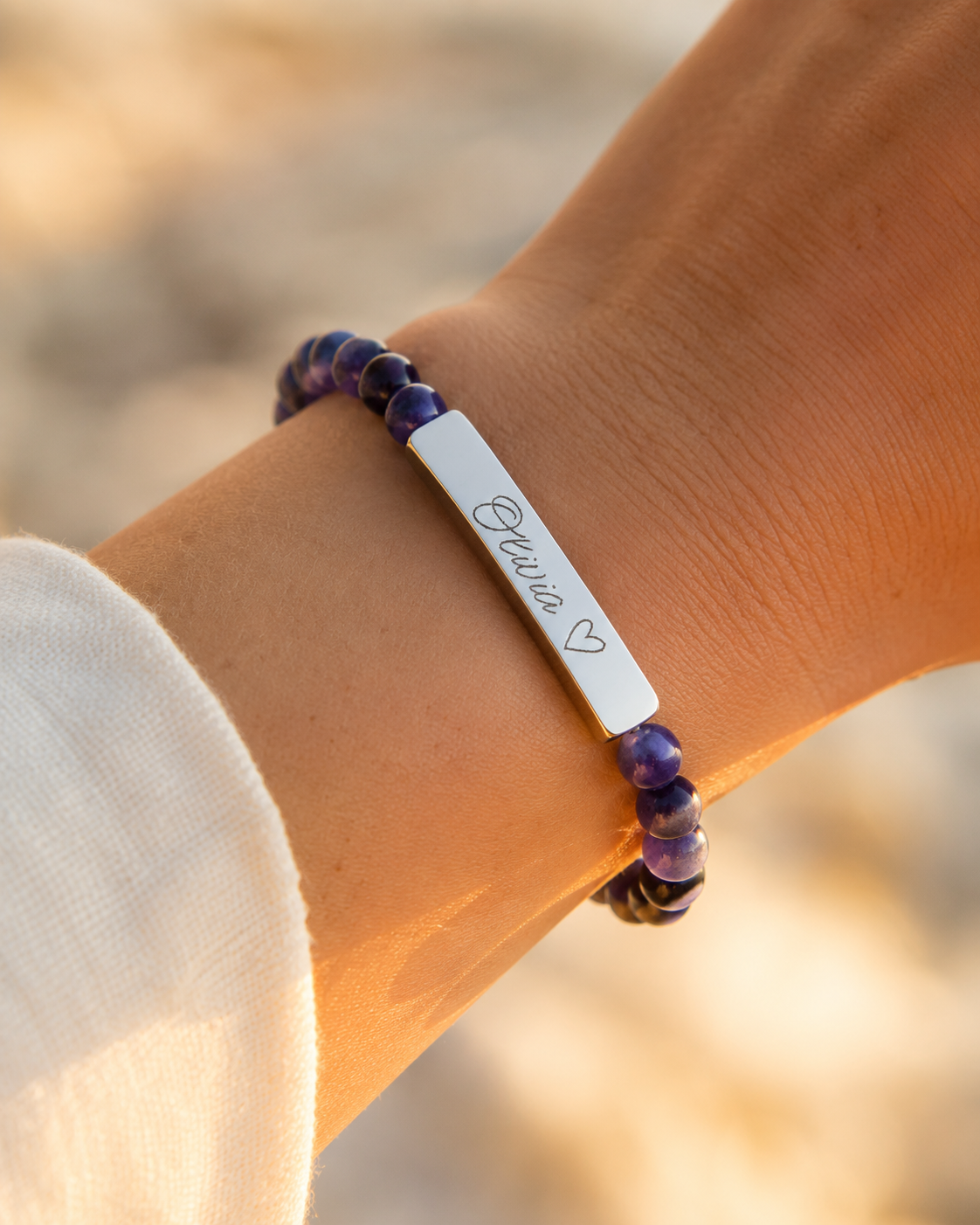 Engravable Natural Stone Stretch Bar Bracelet – Personalized Name & Heart Accent