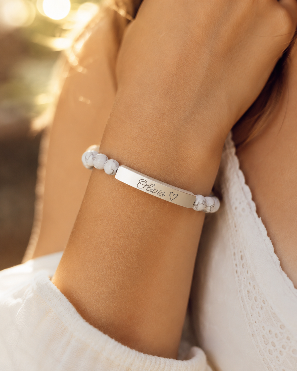 Engravable Natural Stone Stretch Bar Bracelet – Personalized Name & Heart Accent