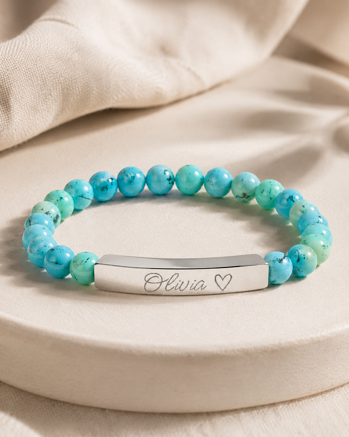 Engravable Natural Stone Stretch Bar Bracelet – Personalized Name & Heart Accent