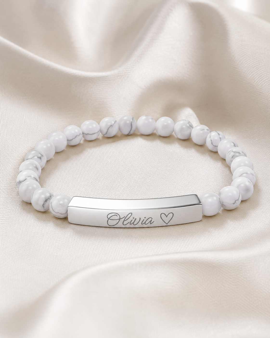 Engravable Natural Stone Stretch Bar Bracelet – Personalized Name & Heart Accent
