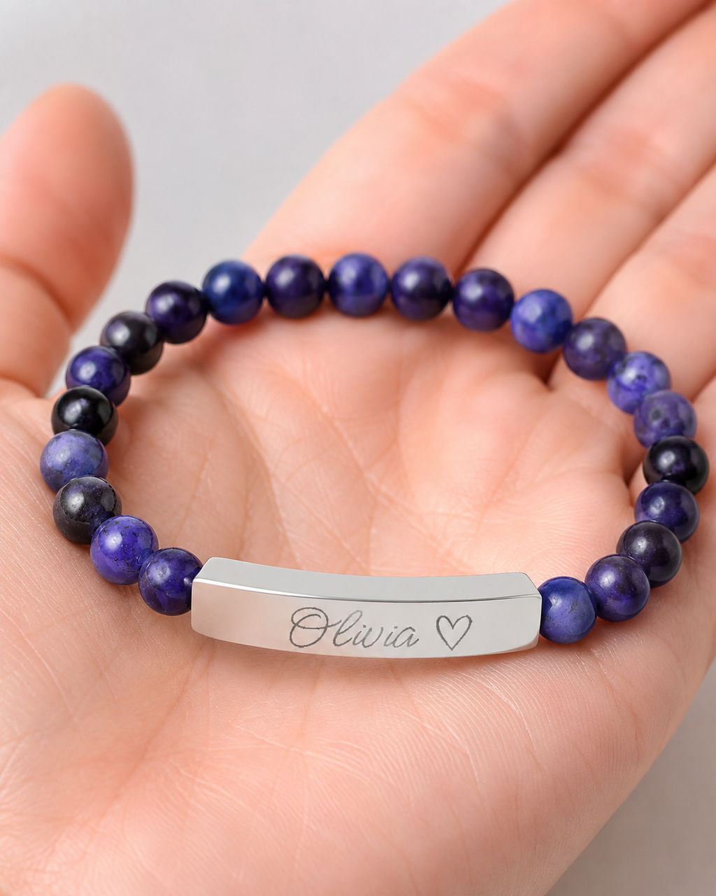 Engravable Natural Stone Stretch Bar Bracelet – Personalized Name & Heart Accent