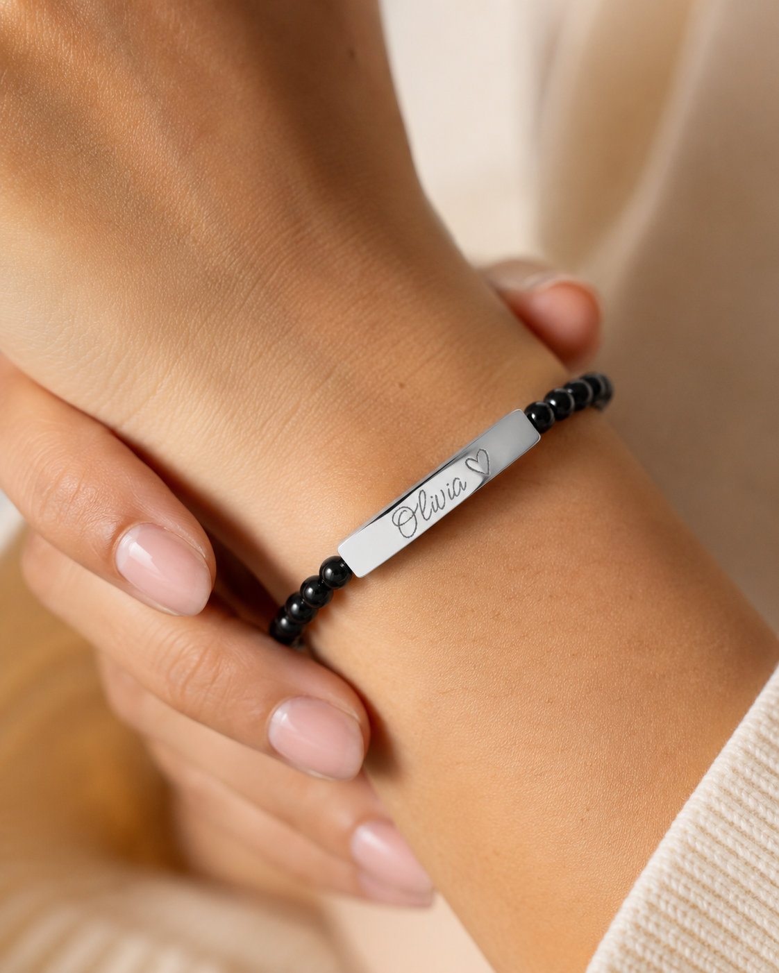 Engravable Natural Stone Stretch Bar Bracelet – Personalized Name & Heart Accent