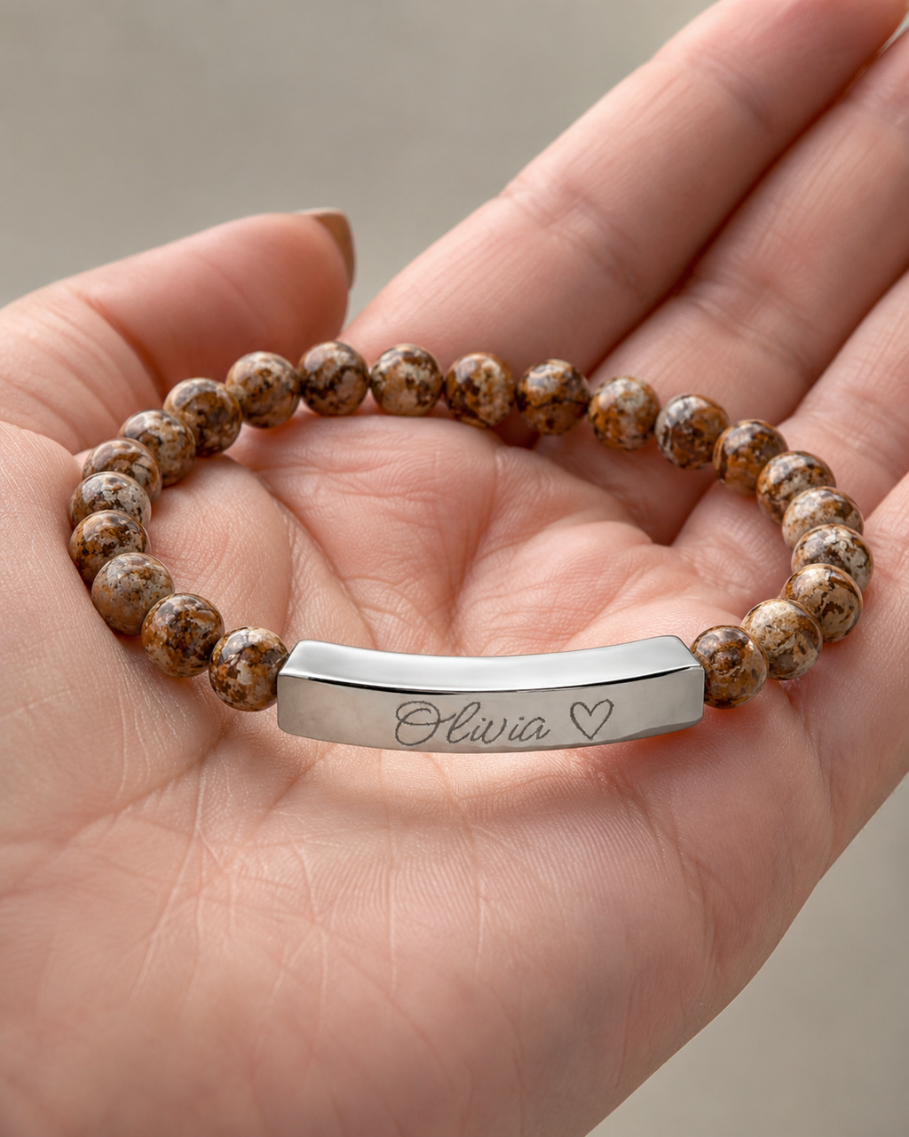 Engravable Natural Stone Stretch Bar Bracelet – Personalized Name & Heart Accent