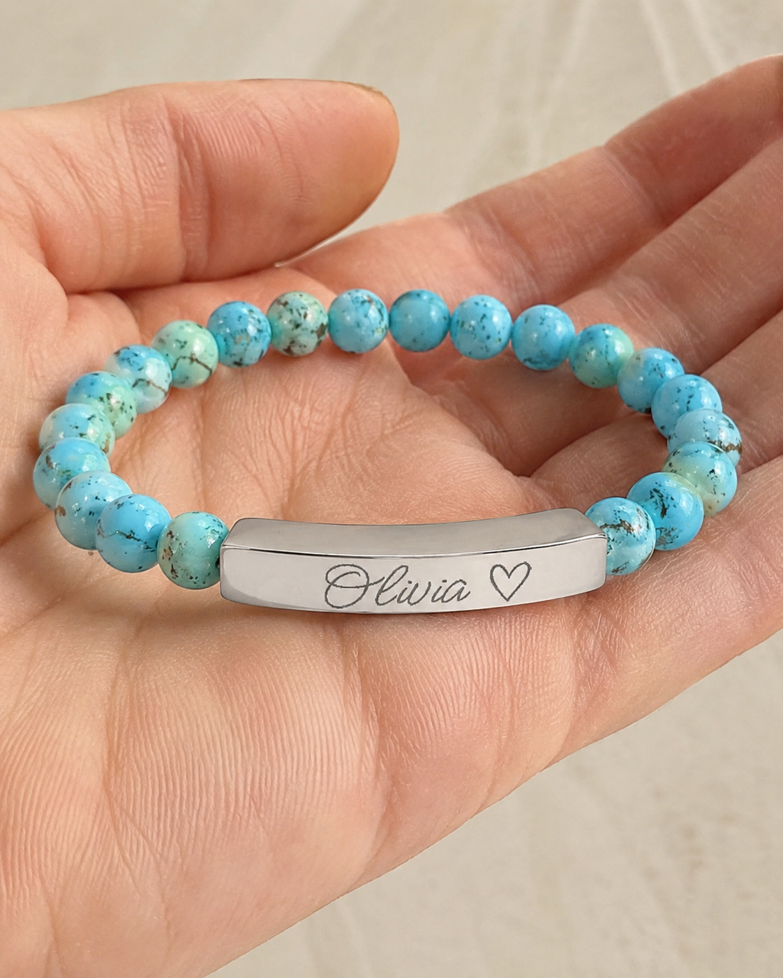 Engravable Natural Stone Stretch Bar Bracelet – Personalized Name & Heart Accent