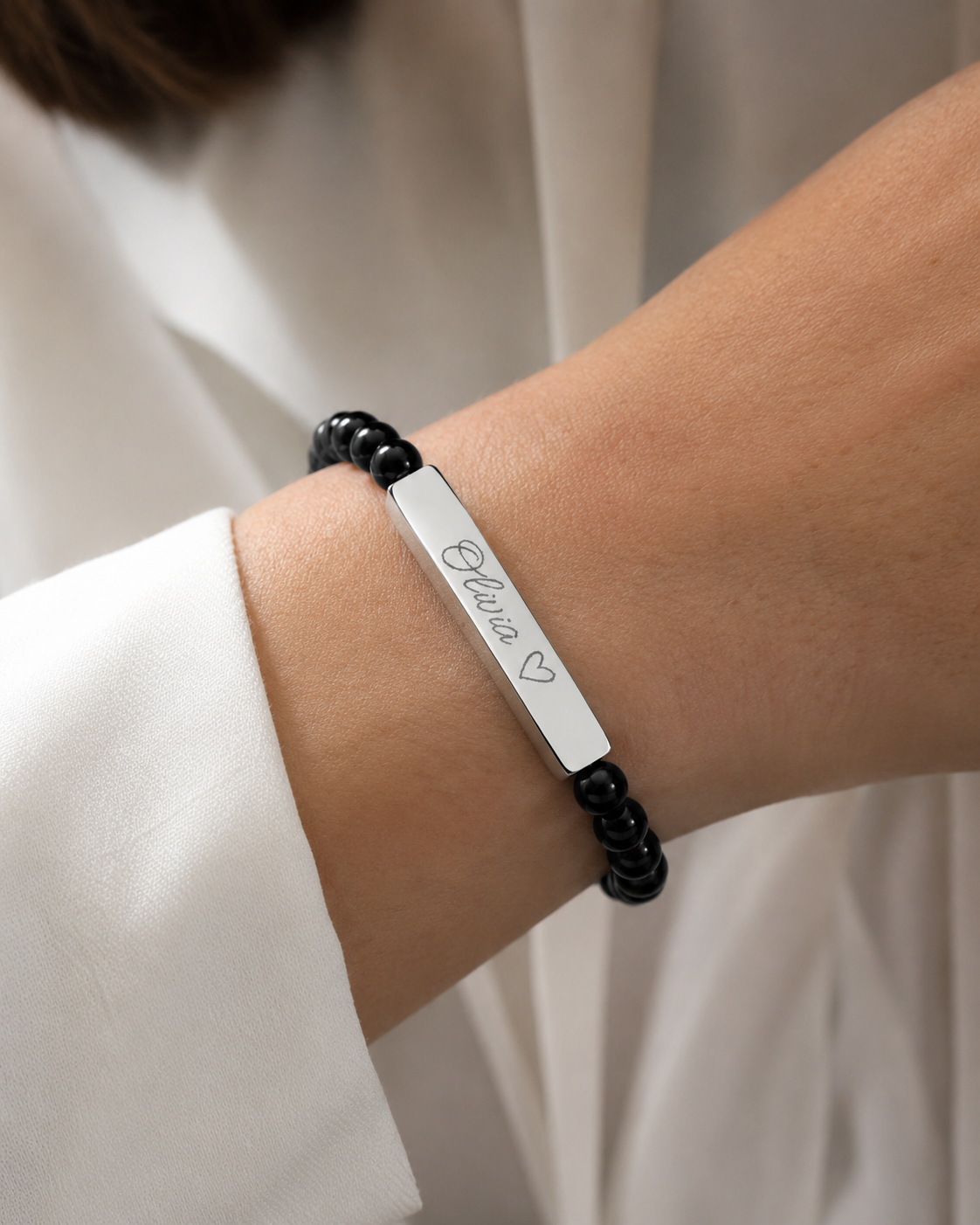 Engravable Natural Stone Stretch Bar Bracelet – Personalized Name & Heart Accent