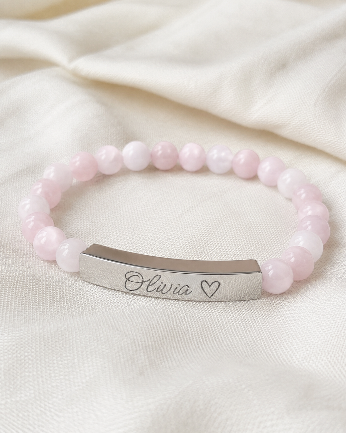 Engravable Natural Stone Stretch Bar Bracelet – Personalized Name & Heart Accent