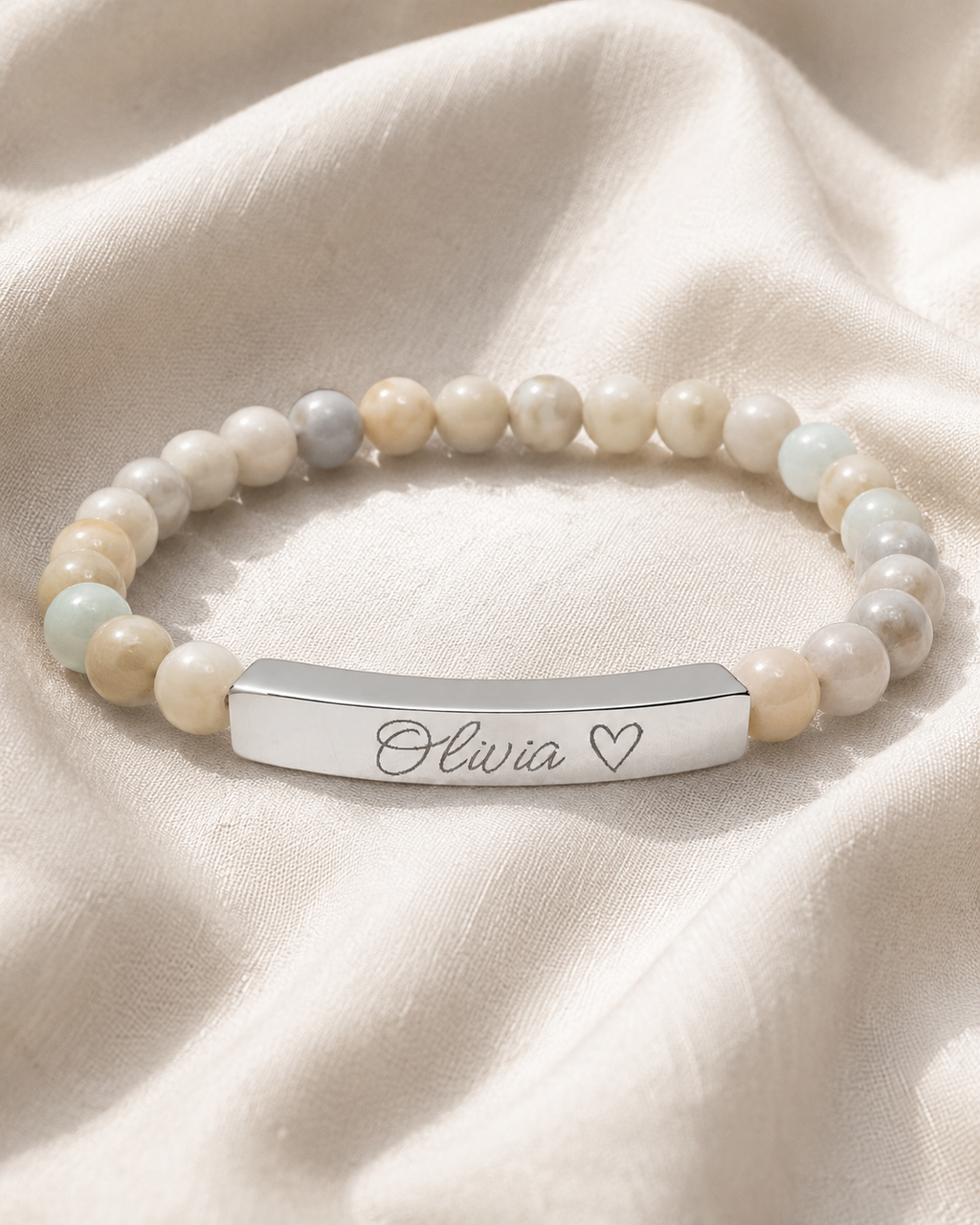 Engravable Natural Stone Stretch Bar Bracelet – Personalized Name & Heart Accent